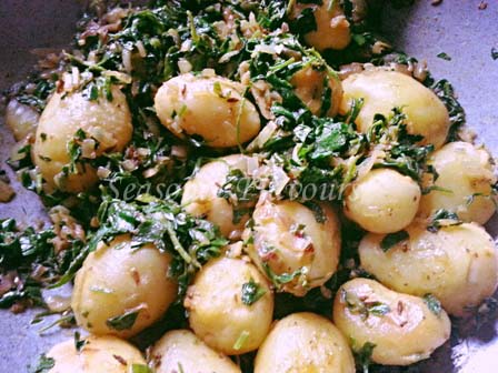 Add boiled baby potatoes for Methi Aloo