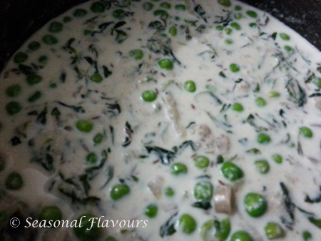 Add peas, milk, salt and sugar and simmer Authentic Methi Mutter Malai