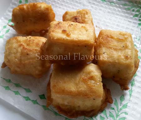 Fry batter coated tofu cubes