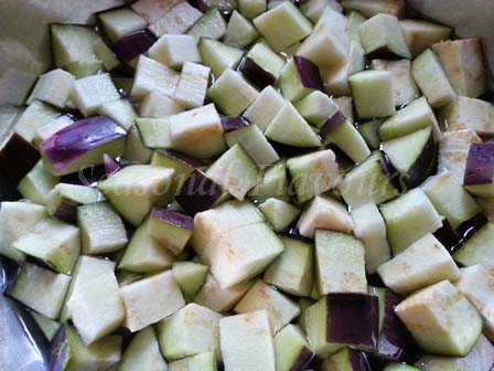 Cubed brinjals for Indian eggplant recipe