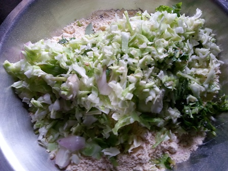 mix ingredients for homemade pakoda with cabbage recipe