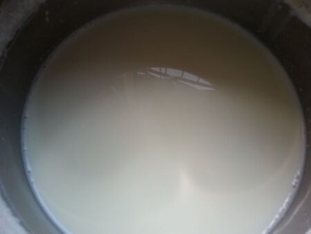 Boil milk for chocolate biscuit custard pudding