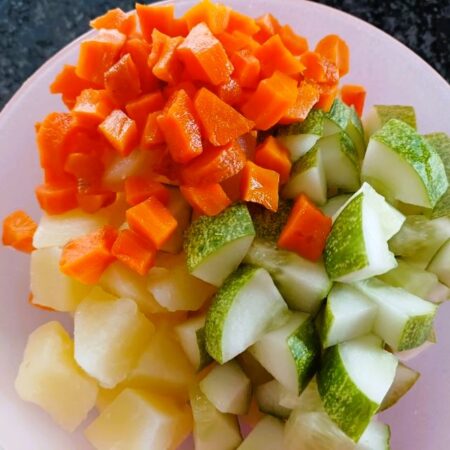 Diced carrot and pickled cucumber