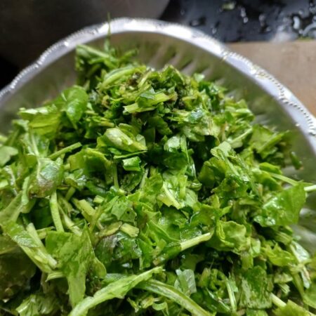 Chopped spinach leaves for Indian rice dish