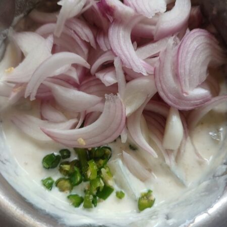 Mix onions and chillies with the potato and yogurt