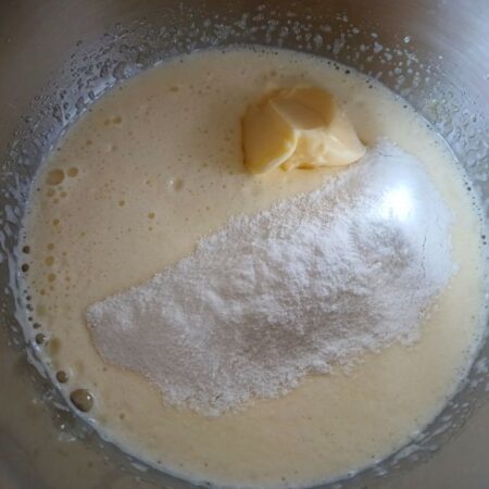 Add butter and flour to egg mixture for Citrus Cake 